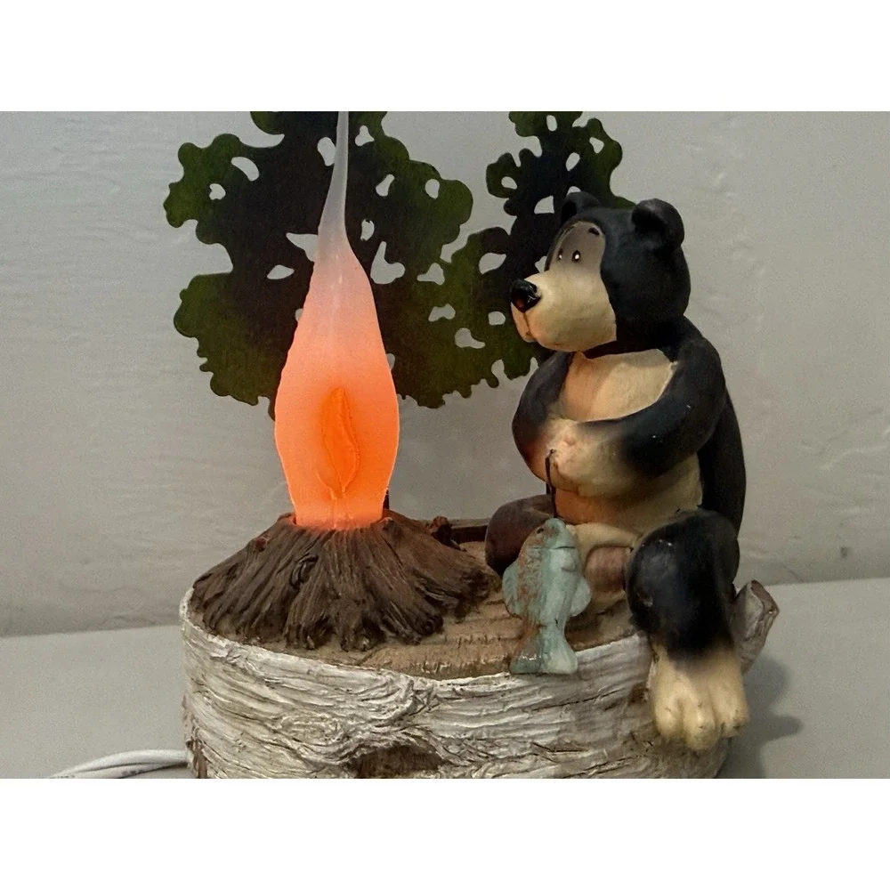 Vtg Black Bear Campfire Night Light Table‎ Lamp Rustic Cabin Lodge Decor Flicker